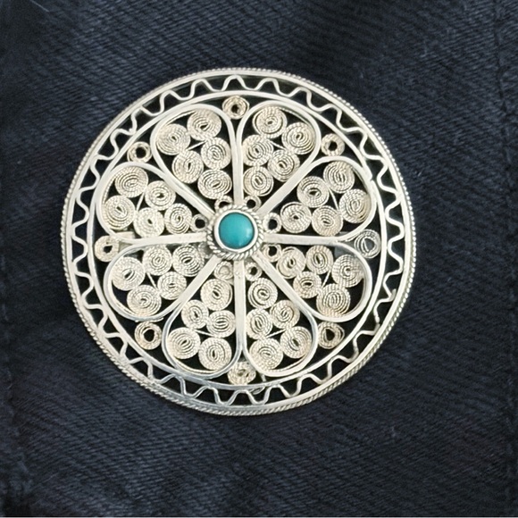 Vintage Israel Brooch Pendant 935 Sterling Silver Turquoise Flower Filigree - Picture 4 of 13